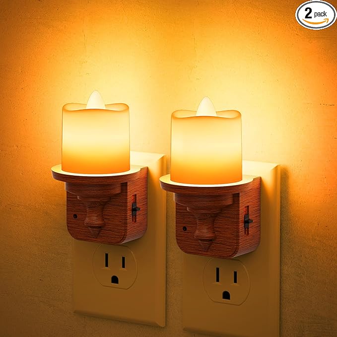 JandCase Flameless Candle Night Light, 2 Pack Night Lights Plug into Wall, 2000K Amber, 0-100LM Dimmable Nightlight, Dusk to Dawn Sensor Light for Dinning Room, Living Room, Bathroom, Hallway