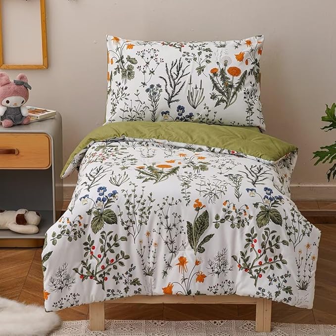 CLOTHKNOW 4 Pieces Floral Toddler Bedding Sets for Grils, Green Leaves Pattern on White, Soft Crib Bed Set Including Comforter, Flat Sheet, Fitted Sheet and Pillowcase, Green White