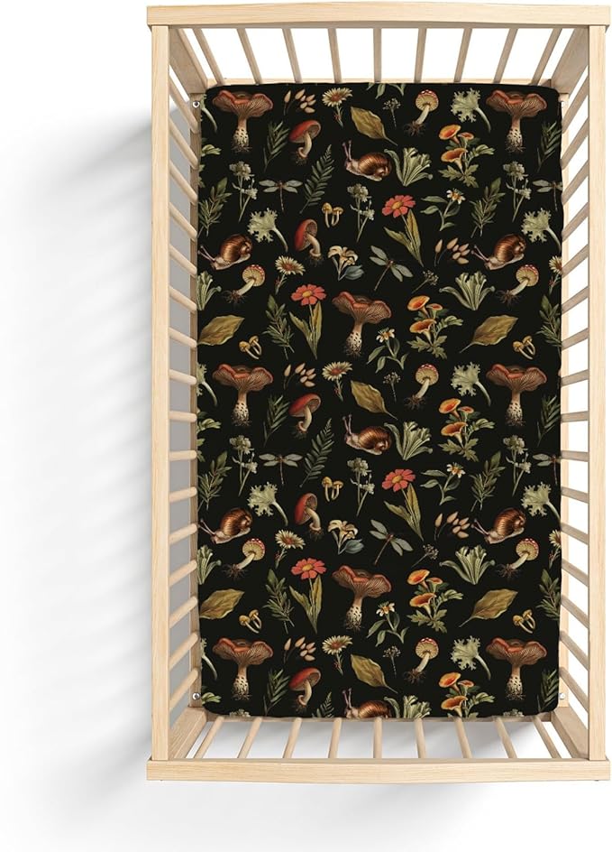 Fairytale Mushroom Baby Crib Sheets for Boy Girl 52x28Inch Retro Mushrooms Floral Leaves Soft Snug Fitted Crib Mattress Cover Magical Plant Baby Sheet for Standard Crib & Toddler Bed Mattress