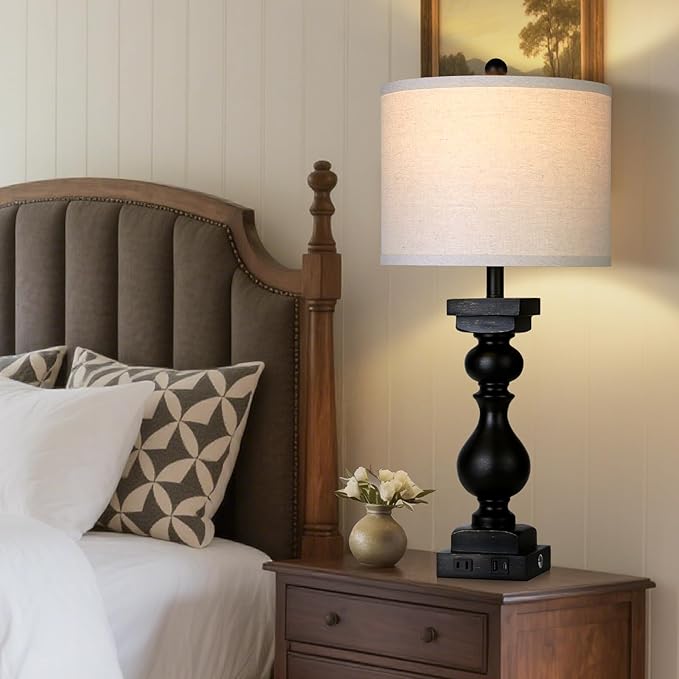 MOUVOVO 28" Tall Farmhouse Table Lamps Set of 2 with USB C+A Ports and AC Outlet, 3 Way Touch Tall Rustic Bedside Lamps for Living Room, Black Vintage Lamps for Bedroom