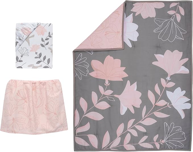 Lambs & Ivy Petals Gray/Pink Sateen Cotton Floral 3-Piece Baby Crib Bedding Set