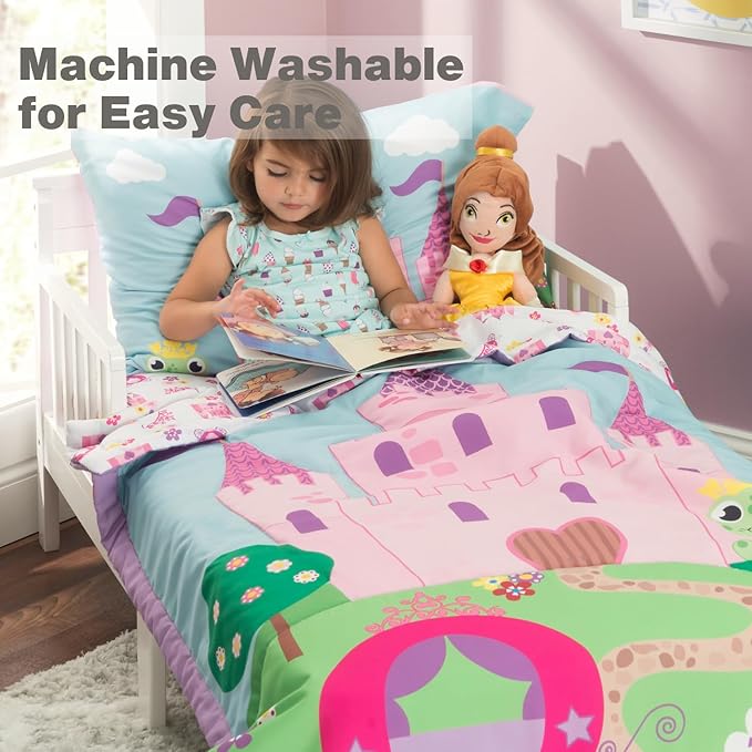 EVERYDAY KIDS 4 Piece Toddler Bedding Set -Princess Storyland- Includes Comforter, Flat Sheet, Fitted Sheet and Reversible Pillowcase