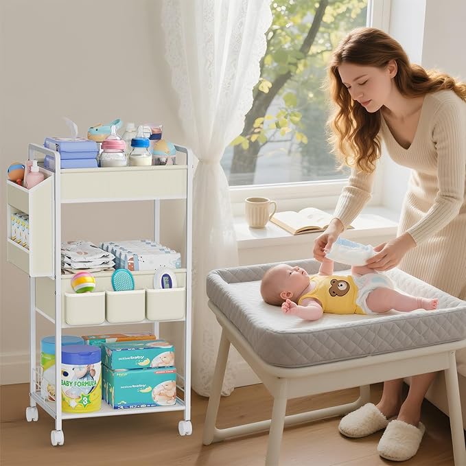 JBBTOOL 3-Tier Baby Diaper Caddy Cart with Wheels, Nursery Storage Organizer with Dividers & Pockets, Mobile Metal Utility Cart for Baby Essentials, Bedroom, Kitchen & Office