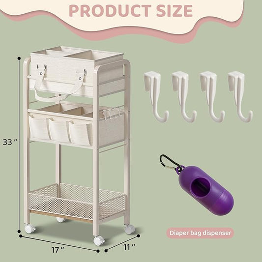 JRANBRJS Baby Diaper Caddy Organizer and Storage,2In1 Baby Cart Organizer-Baby Diaper Caddy+3 Tier Rolling Cart for Baby Nursery,Baby Bedside Cart,Easy Assembly,Beige