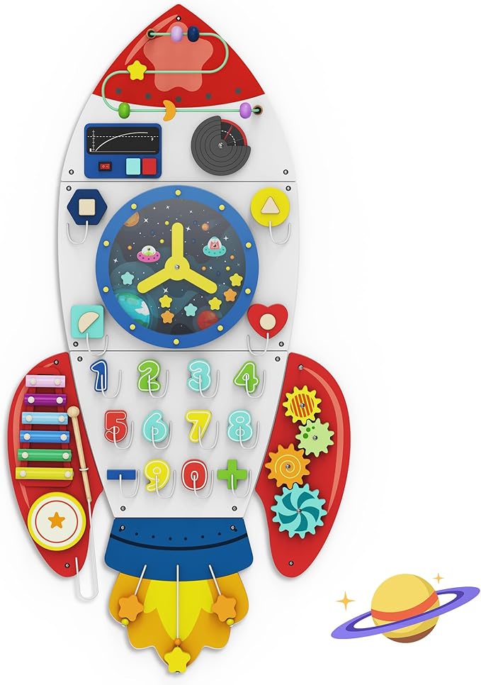 BlueWood Wooden Wall Busy Board Panels, Toddler Learning Activity Center, Montessori Philosophy Sensory, Educational Toys, Conducive to All-Round Development - Rocket