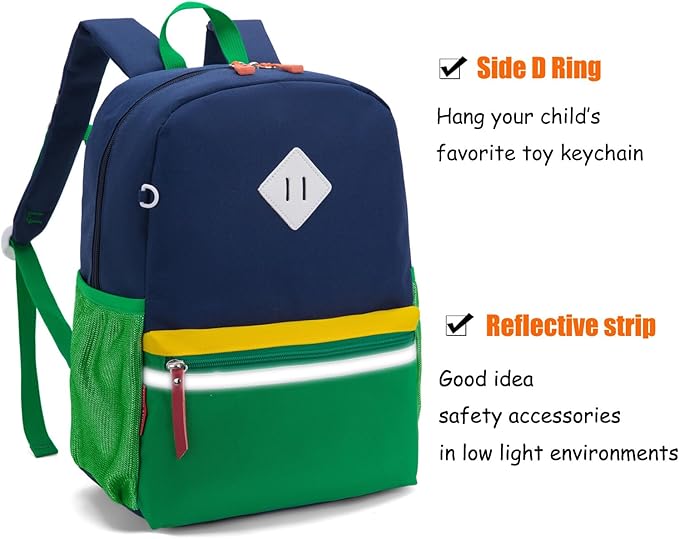 HawLander Little Kids Backpack for Boys or Girls, Toddler School Bag Fits 3 to 6 years old, Dark Blue Green, 15 Inch