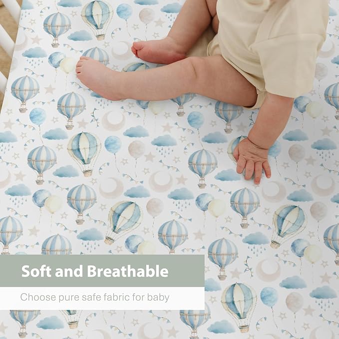 Neutral Blue Hot Air Balloons Baby Crib Sheets for Boy Girl 52"x28" Pastel Balloons Moon Stars Clouds Soft Snug Fitted Crib Mattress Cover Boho Sky Nursery Baby Sheet for Crib & Toddler Bed Mattress