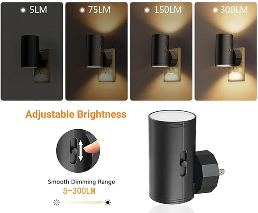 LED Night Light Plug in, Night Lights Plug into Wall Dusk to Dawn Sensor,5-300LM Adjustable Brightness, 2700K,Dimmable Night Lights for Kitchen,Hallway Bedroom,Stairway,2 Pack