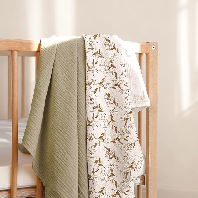 lulumoon Muslin Swaddle Blankets for Baby: Cotton & Soft Receiving Blanket for Newborn with Branche Printed- Neutral Gift for Baby Shower 2pack(Olive Branche)