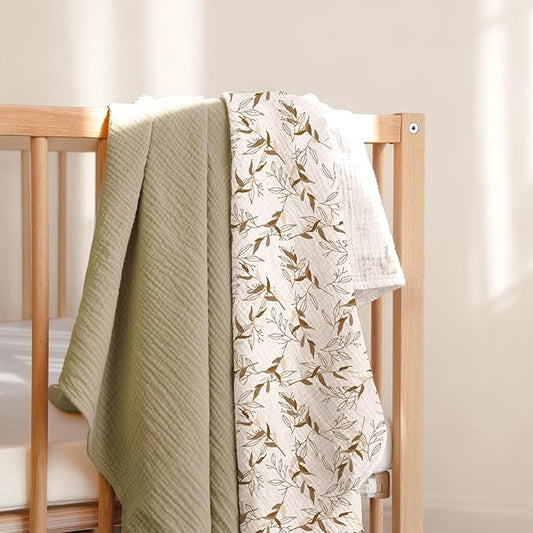 lulumoon Muslin Swaddle Blankets for Baby: Cotton & Soft Receiving Blanket for Newborn with Branche Printed- Neutral Gift for Baby Shower 2pack(Olive Branche)