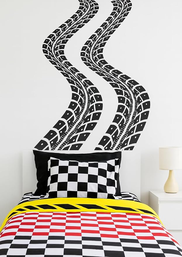 Tire Tracks Wall Decal for Kids Room – Racing Tire Mark Wall Sticker – Car Theme Bedroom, Nursery & Playroom Decor – Race Track Wall Art for Children & Boys Rooms