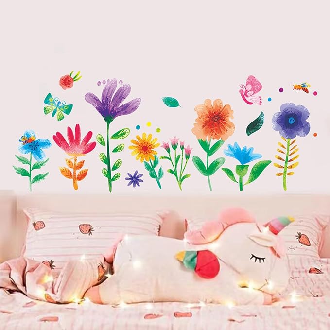 Amimagen Watercolor Flower Wall Stickers - Kids Baby Boys Girls Toddler Garden Preschool Floral Wall Decals - Nursery Playroom Classroom Daycare Bedroom Home Wall Decor