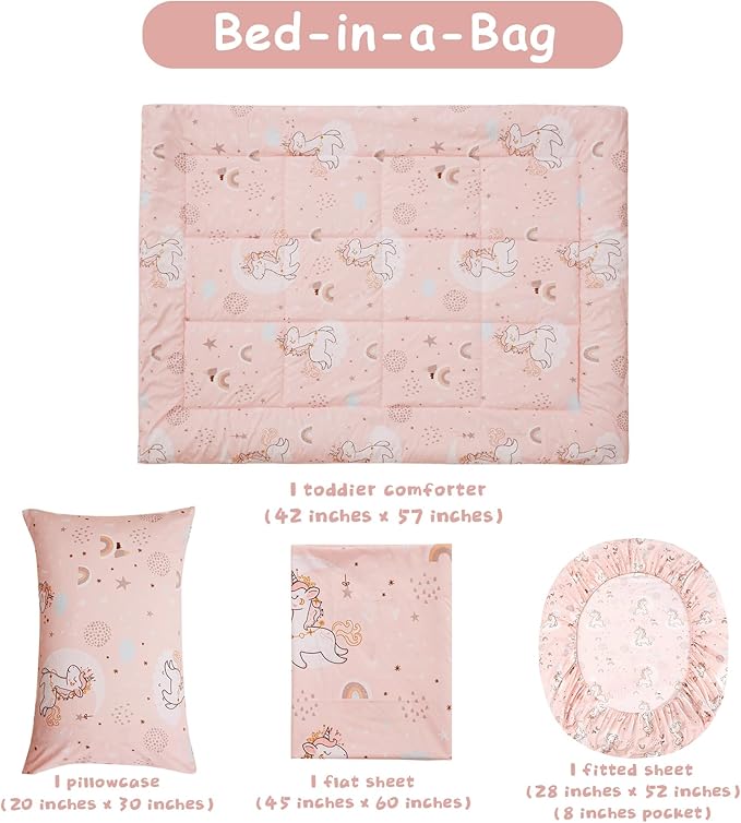 JSD Pink Unicorn Toddler Bedding Set, 4 Piece Bed-in-a-Bag Toddler Microfiber Comforter Sheet Set, All Season Machine Washable