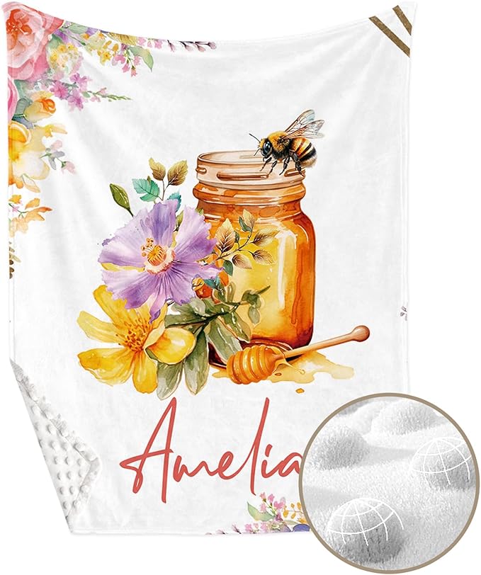 Personalized Baby Crib Bedding Set, Custom Name Colorful Bee Baby Bedding 2-Pcs Set - Soft Double Layer Dotted Blanket and Fitted Sheet, Nursery Bedding for Newborn Boys Girls, Perfect Shower Gift