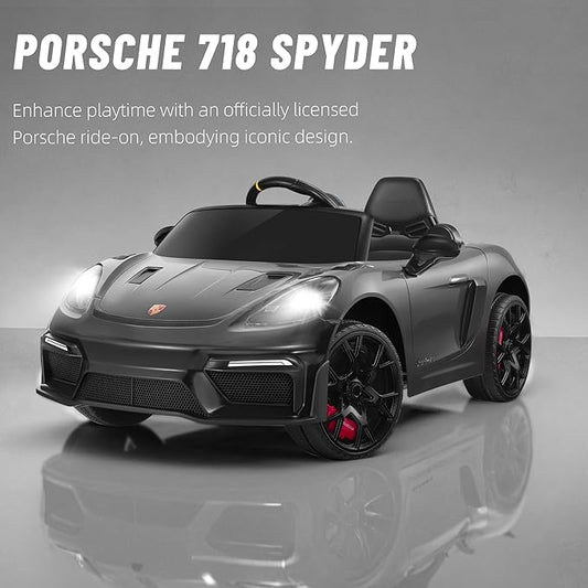 First Ride On Licensed Porsche 718 12V Electric Car for Kids, Ride on Toys for Toddler, Child Ride on Car w/Parent Remote, Led Lights, Openable Doors, MP3 Player, Smooth Start, 3 Speeds (Black)