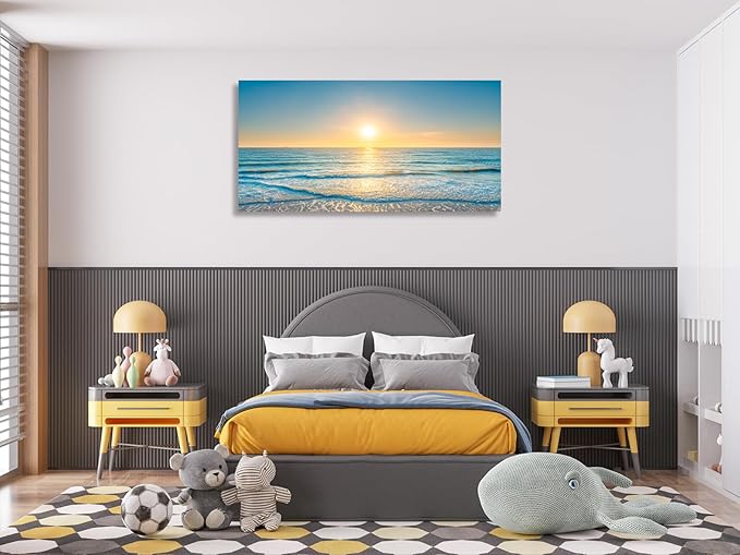 KUNHAAH Wall Art Canvas Painting Blue Sea Beautiful Seascape 1 Piece Ocean Sunset Waves Picture Poster Print Framed and Stretched Ready to Hang for Living Room Bedroom Artework