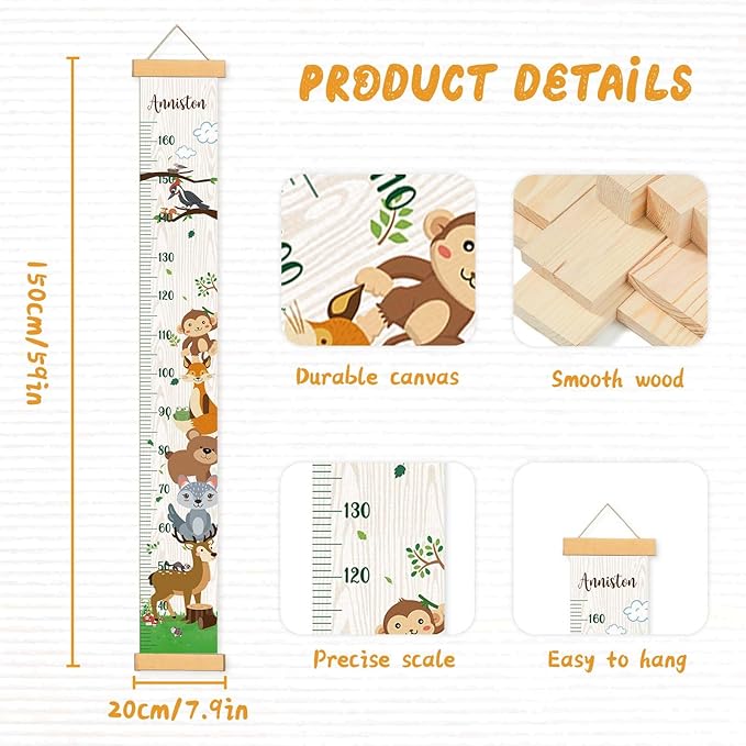 Woodemon Personalized Name Kids Growth Chart Height Measuring Chart, Zoo Kids Growth & Measuring Chart in Inches, Fun & Stylish Height Tracker for Children, Growth Ruler, Hangable&Waterproof