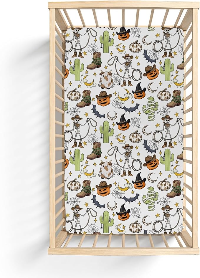 Western Halloween Cowboy Baby Crib Sheets for Boy Girl 52x28Inch Spooky Skeleton Pumpkin Cactus Witch Bats Soft Snug Fitted Crib Mattress Cover Wild West Country Baby Sheet for Crib & Toddler Mattress