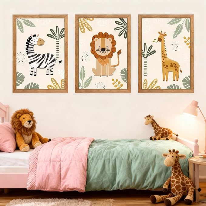 Cute Zebra Lion Giraffe Quote Framed Wall Art Set of 3, 11x16 Boho Educational Animal Wall Sign for Baby Girl Kid Boy Toddlers, Wooden Inspirational Nursery Wall Decor Natural