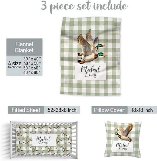 Wild Ducks Baby Crib Bedding Set with Name – Personalized 3-Piece Nursery Set for Boys, Soft Blanket, Fitted Crib Sheet & Pillowcase – Custom Baby Bedding for Newborns & Toddlers