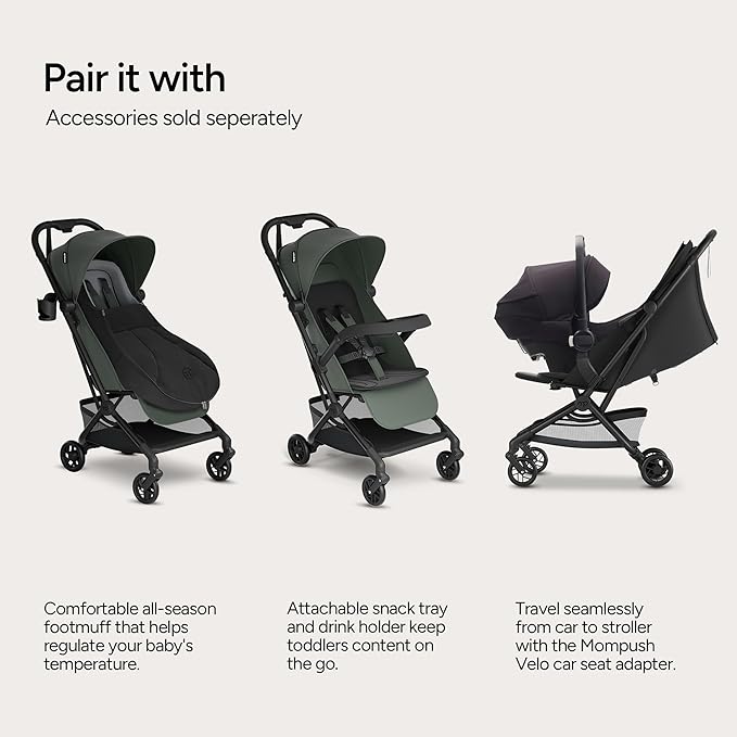 Mompush Velo Lightweight Travel Stroller, Compact & Airplane-Friendly for Baby and Toddler, Lie-Flat Seat, One-Hand Fold, with Leather Bumper Bar, Shoulder Strap, Raincover, Storage Bag & Cup Holder