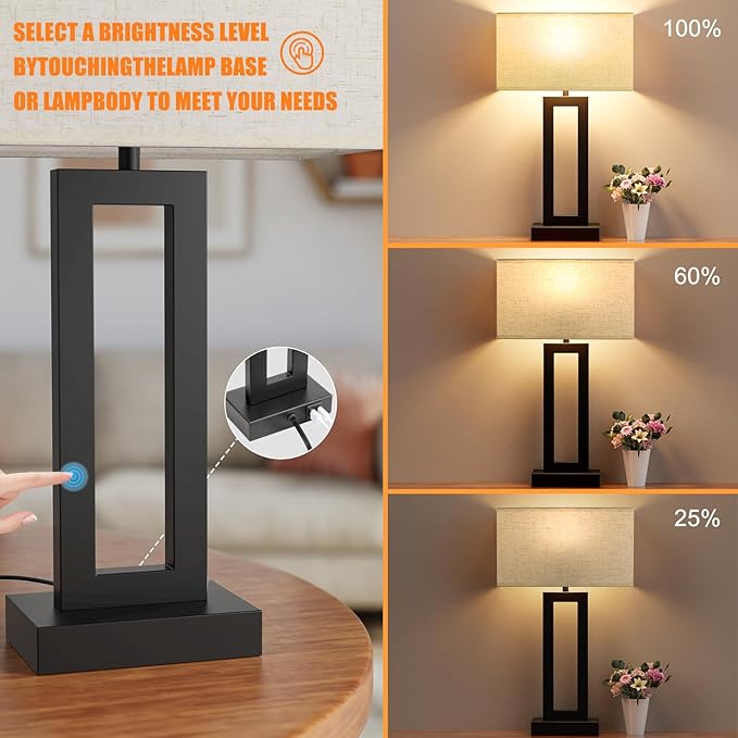 Cream & Black Modern Bedside Lamps - 22" Tall, Touch USB C+A, 3 Way Dimmable Set of 2 for Night Stands & End Tables