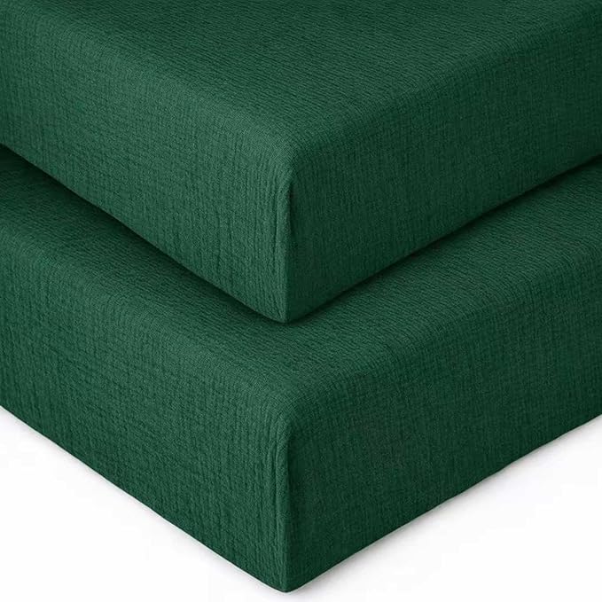 2 Pack Emerald Green Muslin Crib Sheets for Boys & Girl- Neutral Breathable Cotton Crib Mattress Sheets Fitted for Standard 28"x 52"- Nursery Décor No Slip Bed Sheets
