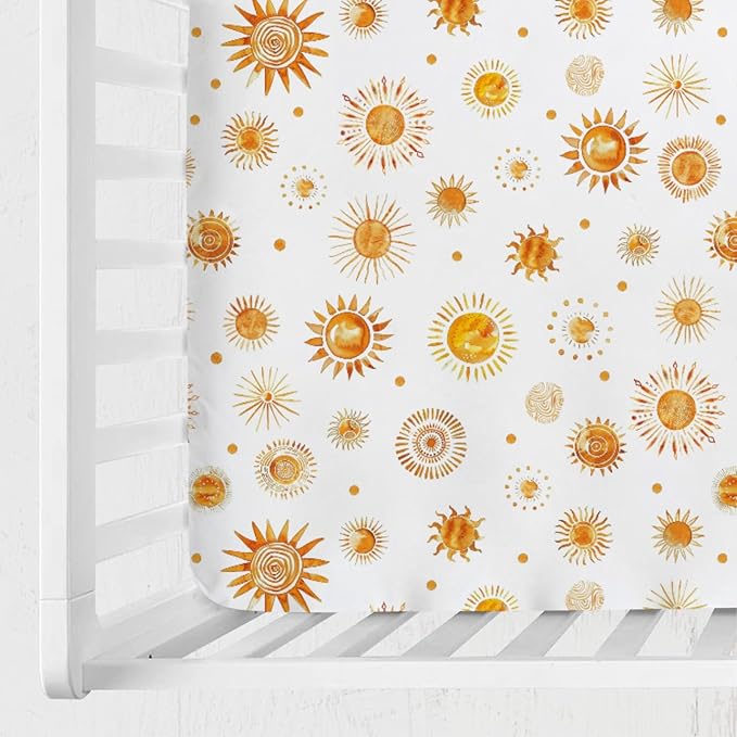 Watercolor Suns Totem Baby Crib Sheets 52''x28'' Boho Sunshine Stretchy Fitted Crib Mattress Covers for Boy Girl Golden Suns Soft Nursery Baby Bed Sheets for Standard Crib and Toddler Mattress