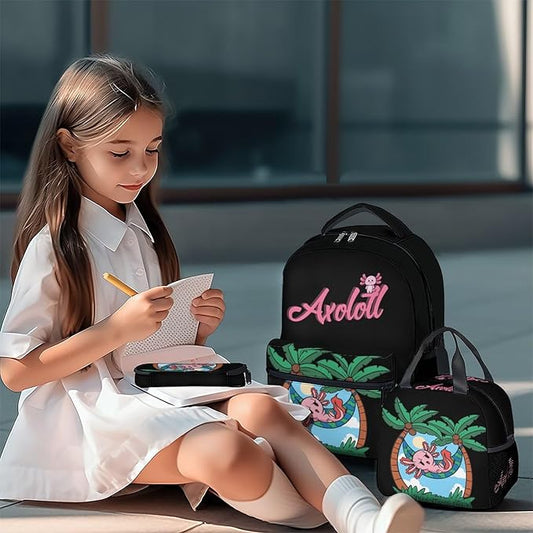 Mercuryelf Axolotl Boys Girls Backpack with Lunch Box Set, 3 in 1 School Travel Backpacks Matching Combo, Black Cute Bookbag and Pencil Case Bundle