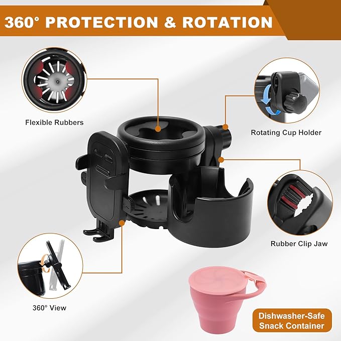 3-in-1 Stroller Cup Phone Holder Attachment Universal Cup Holder with Adjustable Phone Mount Double Cup Holder for Walker Wheelchair (Pink)
