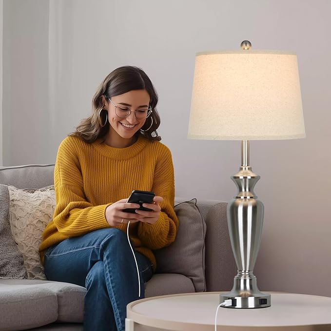 Cinyirong 30" Tall Silver Table Lamps Set of 2 for Living Room, 3-Way Dimmable Touch Control Bedside Lamps for Bedroom Nightstand with USB A+C Ports & AC Outlet (2 LED Bulbs Included)