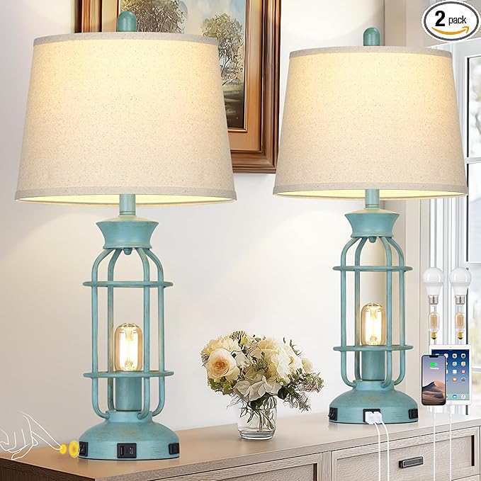 Farmhouse Table lamps for Living Room, 28" Tall Vintage Industrial Table Lamp with USB C+A Ports & Outlet, Rustic Bedside Lamps with 2 Nightlight & Linen Fabric Shade for Nightstand Bedrooms Desk Blue