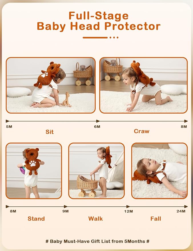JunNeng Baby Head Protector Backpack, Toddler Fall Head Protection Cushion, Brown Bear