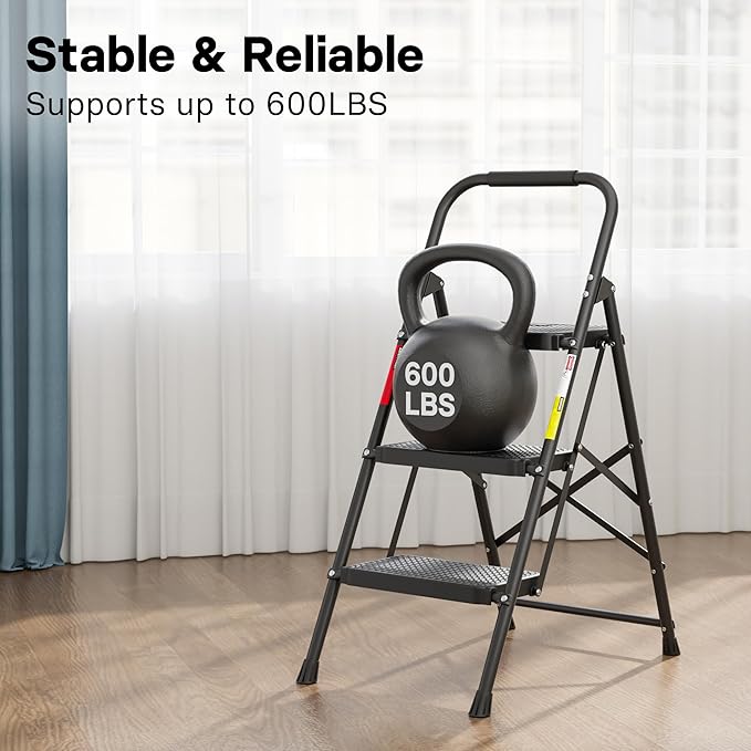 BONTEC 3-Step Ladder, Folding Step Stool, 600lbs Max Load Capacity, Sturdy Steel, Non-Slip Pedals, Lightweight, Portable Steel Ladder with Convenient Handrail, Safety Design for Home & Work, Black
