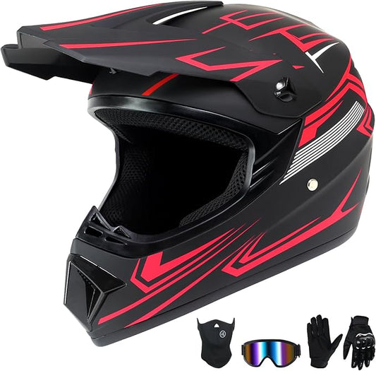 Youth Kids Motocross Helmet,Dirt Bike Off-Road Motorcycle Helmet with(Goggles,Gloves,Mask) 4-Pcs Set,Mountain Bike BMX MX ATV Girls Full Face Helmet,DOT Approved(Red,S)