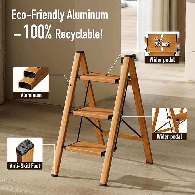 Mayi Plus 3 Step Ladder,Aluminum Folding Step Stool for Adults,Step Ladder with Wide Anti-Slip Pedal,330 lbs Capacity for Home,Office,Kitchen,Library(Woodgrain