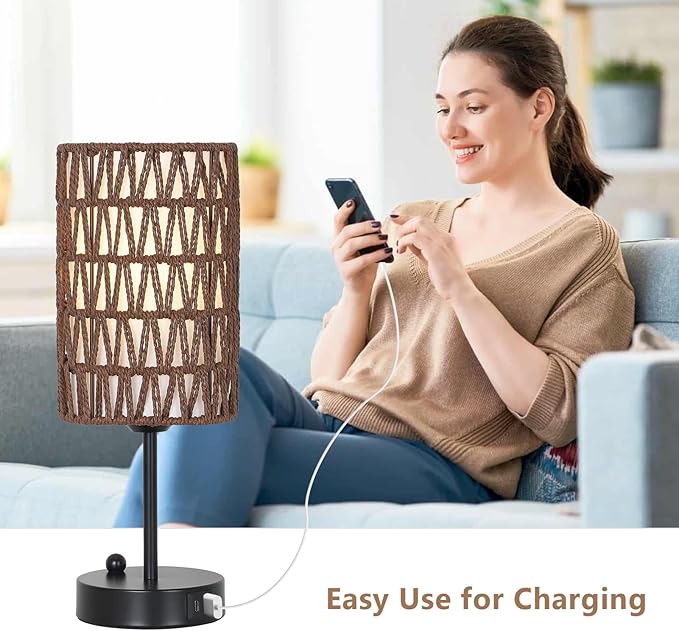 Eayaya Bedside Lamps Set of 2, Touch Control Night Stand Lamp for Bedroom with Rattan & Linen Shade & Bulbs, 3 Way Dimmable Small Boho Table Lamps with USB Charging Port & Phone Stand (Coffee Color)