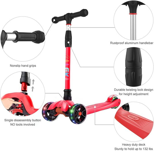 Allek Kick Scooter B02, Lean 'N Glide Scooter with Extra Wide PU Light-Up Wheels and 4 Adjustable Heights for Children from 3-12yrs (Red)