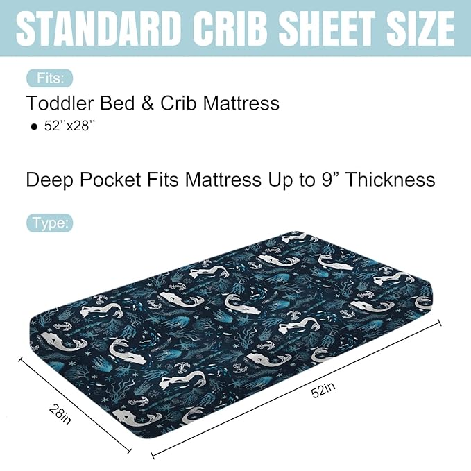Undersea Mermaids Baby Crib Sheet 52''x28'' Ocean Sea Animal Fish Starfish Corals Anchor Stretchy Fitted Crib Mattress Cover for Boy Girl Nautical Soft Bed Sheets for Standard Crib Toddler Mattress