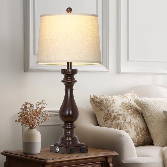Cinkeda 29" Tall Farmhouse Table Lamp for Living Room Set of 2,Vintage Retro Nightstand Lamps with USB C+A Ports & AC Outlet,3-Way Dimmable Touch Bedside Lamp for Bedroom Side Table,Dark Brown
