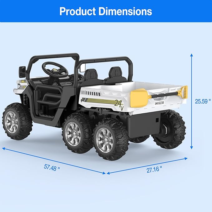 2-Seater Kids Ride On Dump Truck, 75W Electric Ride On UTV Toys with Remote Control, Dump Bed, PP Tire x 6, LED Light & Music, 24V 4WD Power Ride On Truck Car for Boys Girls (White)
