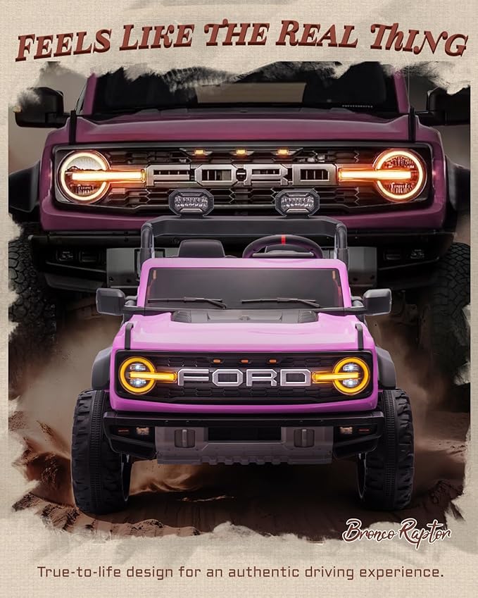 First Ride On 24V Ride on Toys for Big Kids, Licensed Ford Bronco Raptor 2 Seater Ride on Cars with Remote Control, Ride on Truck w/ 4-Wheeler Suspension, 3 Speeds, Led Lights, Bluetooth (24V, Pink)
