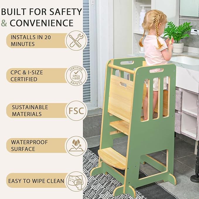 WINGYZ Toddler Tower – Adjustable Step Stool Helper for Kids 18M–6Y, Kitchen Learning Stool with Safety Rail, 3-Height Adjustable, Sliding Door, Full Support Foot, Wooden Updated Design, Green
