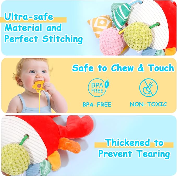 Car Seat & Stroller Toys for Babies 0-6 Months, Crab Baby Car Seat Toys for Boys Girls, Infant Newborn Stroller Toys with Beep, Mirror, Small Bell, Baby Teether, and Soft Ball for Ages 0 Months and Up