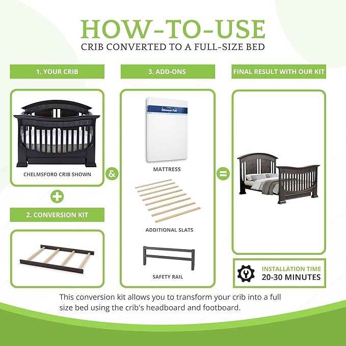 Full-Size Conversion Kit Bed Rails for Baby Appleseed and Eco-Chic Convertible Cribs - Solid Wood Rail - Toddler and Adult Bed Rail for Full-Size Beds - Nursery and Baby Furniture (Espresso, Option 2)
