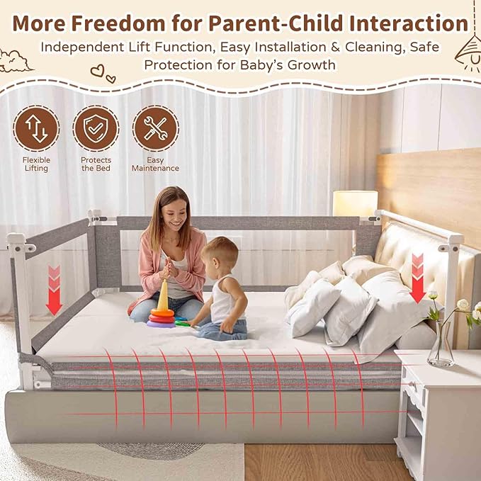 Bed Rail for Toddlers, 1-Piece Height Adjustable Bed Guard Rail for Kids, Baby Safety Side Protector for Twin, Full, Queen, and King Beds (Gray, 1 Side:82.7")