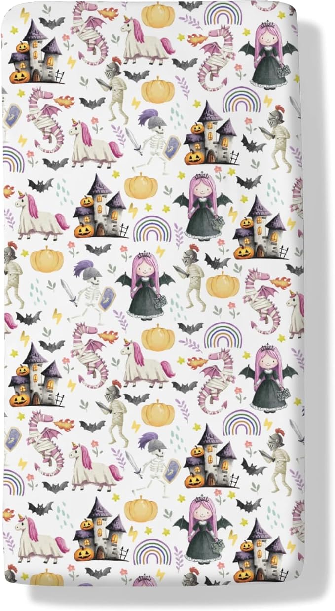 Halloween Fairytale Princess Castle Dragon Baby Crib Sheets Spooky Pumpkin Bats Soft Baby Sheets Gothic Halloween Night Fitted Crib Mattress Cover for Standard Crib Toddler Mattress 52"x28"