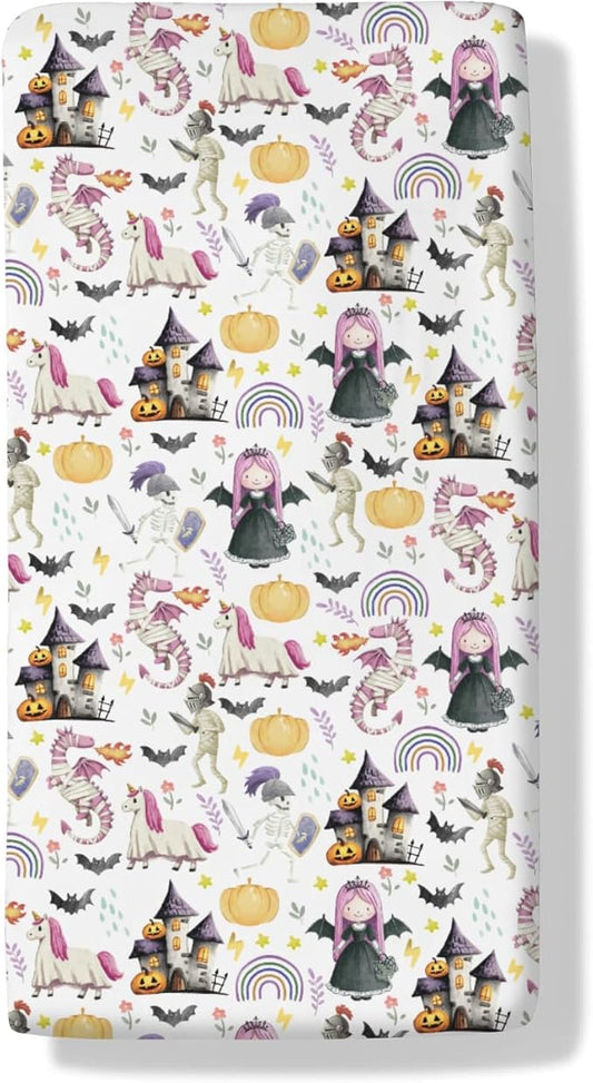 Halloween Fairytale Princess Castle Dragon Baby Crib Sheets Spooky Pumpkin Bats Soft Baby Sheets Gothic Halloween Night Fitted Crib Mattress Cover for Standard Crib Toddler Mattress 52"x28"