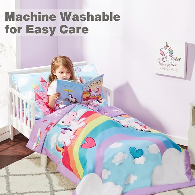 EVERYDAY KIDS 4 Piece Toddler Bedding Set - Unicorn Dreams - Includes Comforter, Flat Sheet, Fitted Sheet and Reversible Pillowcase