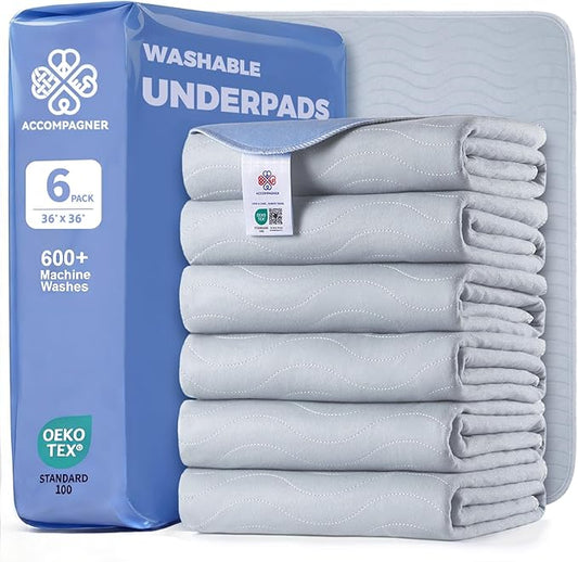 Accompagner Waterproof Reusable for Adults and Pets Washable Pee Pads for Dogs Changing Pad Large Dog Bed Size Adults Incontinence Bed Pads - Non-Slip Leak-Proof (Pearl Gray, 6Pack-36" x36")